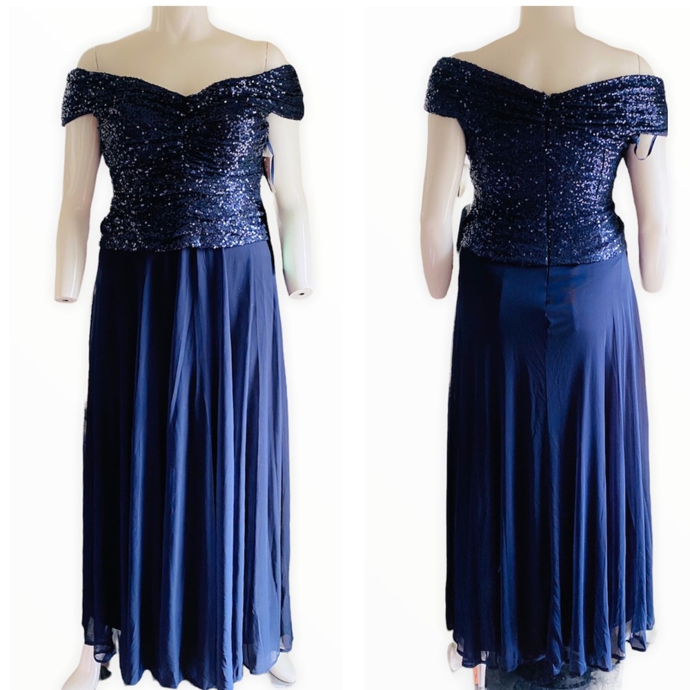 Jackie Jon NWT Navy‎ Sequin Off The Shoulder Flowy Maxi Formal Dress Size 10